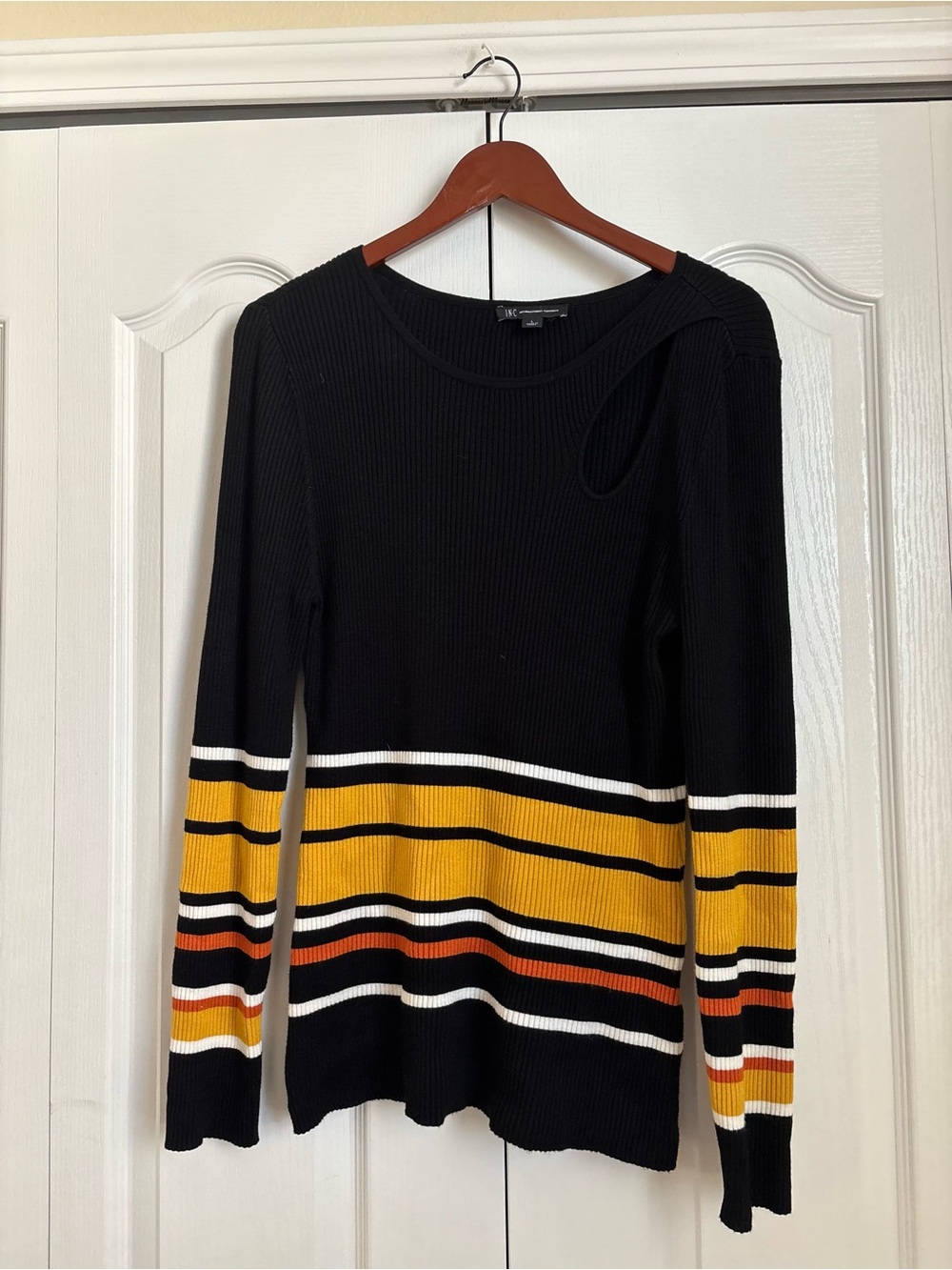Black Ribbed Sweater with Yellow & Orange Stripes